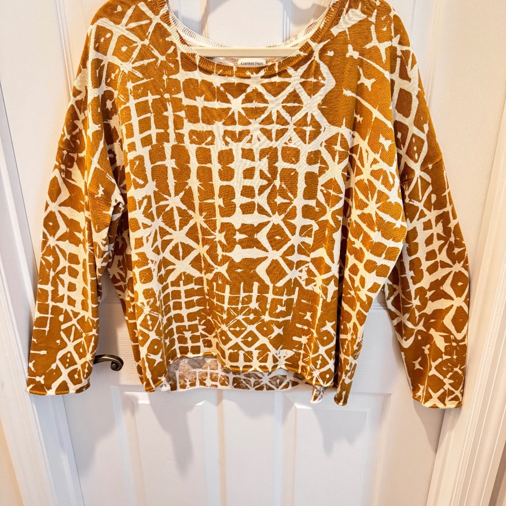 Garnet Hill Woman's Top, Mustard & Cream, Design Print, Size XL